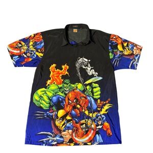Marvel Comics Vintage Superhero Graphic Button Up Shirt Mens XL Spider-Man Hulk